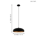 Lampa wisząca MOGANO 1 przedstawiona z liniami wymiarowymi, ukazującymi wysokość zawieszenia, średnicę półkulistego klosza oraz proporcje całej oprawy.