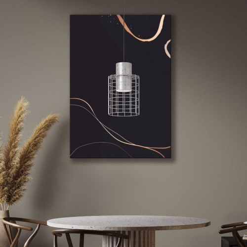 Lampa wisząca MILLIGAN z pojedynczym cylindrycznym kloszem z metalowej siatki w ocynkowanym wykończeniu, zawieszona w nowoczesnym wnętrzu.