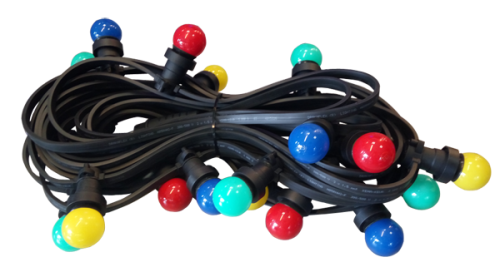 Girlanda ogrodowa z kolorowymi plastikowymi żarówkami LED G45 1W w wersji multikolor, zawierająca żarówki w kolorach czerwonym, niebieskim, żółtym i zielonym, zamocowane na czarnym kablu, zwiniętym w pętlę.