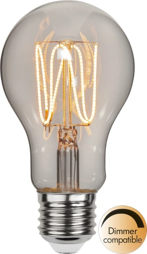 Żarówka LED E27 z przezroczystym kloszem i dekoracyjnym filamentem LED emitującym ciepłe białe światło, dimmer compatible, stylowa żarówka do lamp i opraw dekoracyjnych.