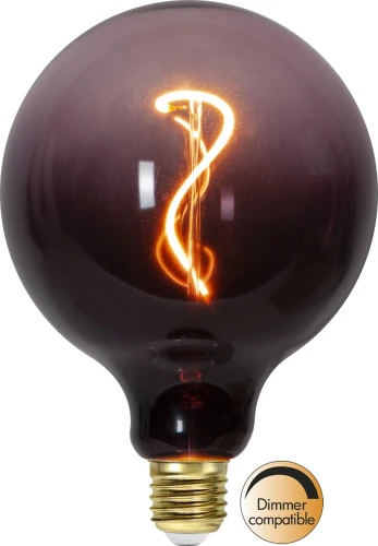 Dekoracyjna żarówka LED E27 kulista z przyciemnianym brązowym szkłem i spiralnym filamentem, kompatybilna ze ściemniaczem, widok na białym tle.