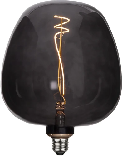 Dekoracyjna żarówka LED filament z przydymioną szklaną bańką w kształcie dużego prostokątnego klosza. Spiralny filament LED emituje ciepłe światło. Designerska żarówka E27 do lamp dekoracyjnych.