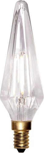 Dekoracyjna żarówka LED filament E14 w kształcie płomienia z przezroczystą bańką i trzema liniami LED emitującymi ciepłe białe światło.