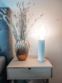 Żarówka LED E27 w nowoczesnej lampie stołowej na szafce nocnej, ciepłe światło, dekoracyjna aranżacja z wazonem i suszonymi roślinami.