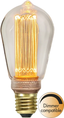 Żarówka LED filament ST64 z trzonkiem E27, ciepła barwa światła, możliwość ściemniania, widoczne dekoracyjne włókna i złoty gwint.