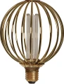 Dekoracyjna żarówka LED E27 w złotej metalowej klatce z widocznym filamentem, produkt na jasnym tle.