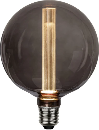 Dekoracyjna żarówka LED filament E27 w dużej kulistej bańce z przydymionego szkła z pionowym filamentem emitującym ciepłe światło.