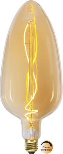 Dekoracyjna żarówka LED filament w kształcie wydłużonej świecy z bursztynową szklaną bańką i spiralnym filamentem LED emitującym ciepłe światło. Ozdobna żarówka z gwintem E27 kompatybilna ze ściemniaczem.