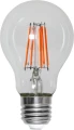Dekoracyjna żarówka LED E27 z widocznymi pomarańczowymi filamentami, przezroczysta bańka na białym tle, styl vintage.