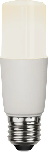 Żarówka LED E27 typu T cylindryczna matowa, ciepłe białe światło, dekoracyjna do lamp i opraw, widok na białym tle.