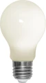 Żarówka LED E27 matowa o ciepłej barwie światła, klasyczna forma A60, widok produktu na białym tle.