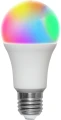 Inteligentna żarówka LED E27 RGB z możliwością zmiany kolorów światła, prezentacja wielokolorowego świecenia na białym tle.