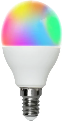 Żarówka LED E14 RGB z możliwością zmiany kolorów, wielobarwne światło w jednej bańce, zdjęcie produktowe na białym tle.