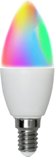 Żarówka LED E14 świeczka RGB, wielokolorowe światło z możliwością zmiany barw, dekoracyjna forma świecy, zdjęcie na białym tle.