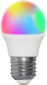Żarówka LED E27 RGB, wielokolorowe światło z płynną zmianą barw, klasyczna bańka, zdjęcie produktowe na białym tle.
