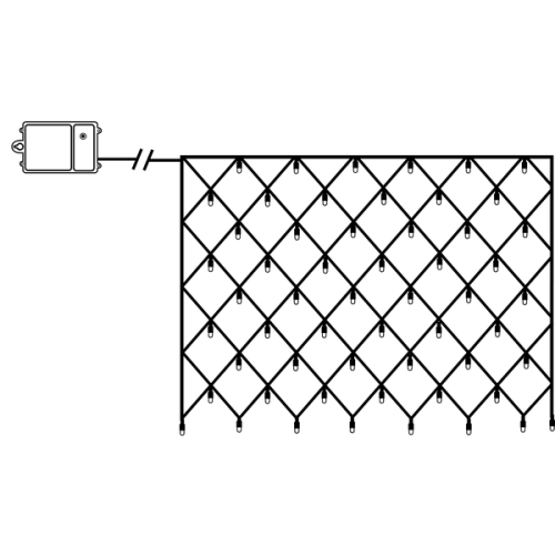 Siatka LED 1,5 × 0,8 m z 80 diodami w ciepłej bieli, zasilana bateryjnie i wyposażona w timer – schemat konstrukcji.
