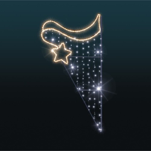 Dekoracja latarniowa Złota Gwiazdka 2D o wysokości 1,9 m z jedną żółtą gwiazdą i świetlnym łukiem, z migoczącymi diodami LED.