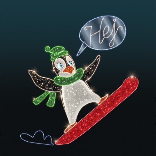 Iluminacja LED Pingwin na Snowboardzie 2D – świąteczna ozdoba w formie wesołego pingwina na snowboardzie, 240 cm wysokości, dynamiczna poza, barwne akcenty świetlne, dekoracja do zimowych aranżacji.