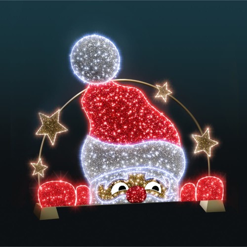 Iluminacja LED Mikołaj 2D za łukiem z gwiazdkami – dekoracja świąteczna 200x300x130 cm, 1350 LED, kolorowe maty, efekt błysku, aluminiowy stelaż z bloczkami.