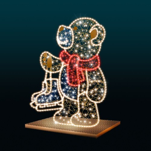 Iluminacja LED Miś Łyżwiarz 2D – dekoracja świetlna o wysokości 1,35 m, 730 punktów LED, ciepłe światło z czerwonym szalikiem i detalami w kolorze złotym.