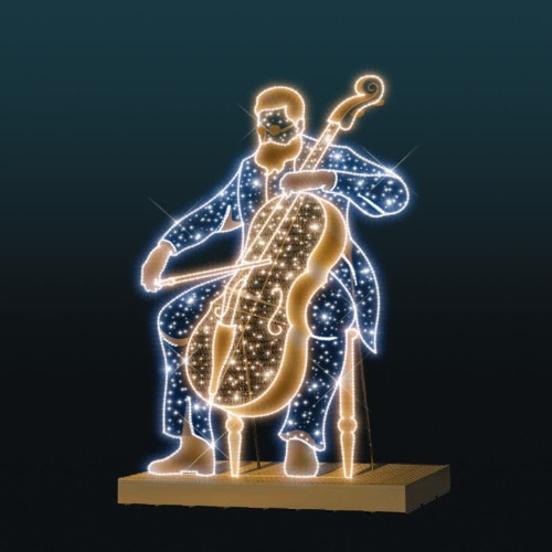 Iluminacja Wiolonczelista 2D – dekoracja bożonarodzeniowa LED w formie muzyka z instrumentem, efekt migoczącego śniegu, 3 m wysokości, 2 m szerokości, idealna do aranżacji miejskich.