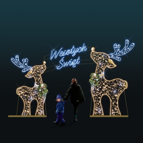 Iluminacja Brama z Jelonkami 2D – świetlna dekoracja w formie dwóch reniferów z bombkami i girlandami, napisem LED „Wesołych Świąt” i dwustronnym neonowym podświetleniem, idealna jako brama wejściowa na plac miejski.