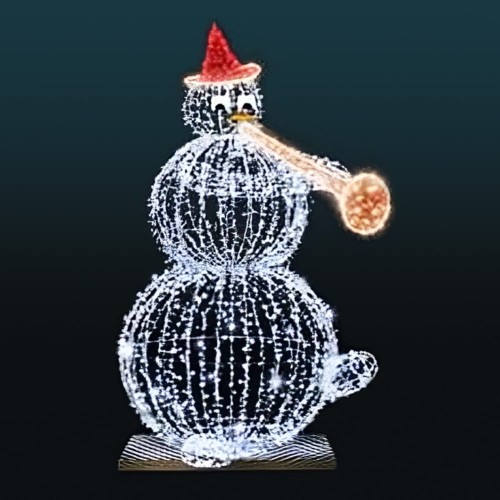 Świecący bałwan 3D z trąbką i czerwonym kapeluszem, wykonany z migoczących LED, na tle ciemnego nieba. Świąteczna dekoracja do przestrzeni miejskiej i galerii.