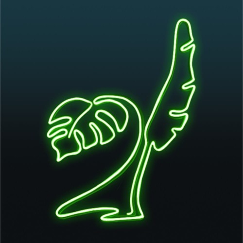 Dekoracja świetlna LED w formie liści na ciemnym tle, minimalistyczny fotopunkt z neonowym konturem liniowym, przeznaczony do parków, przestrzeni miejskich i instalacji plenerowych.