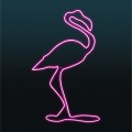 Dekoracja świetlna LED w formie flaminga na ciemnym tle, minimalistyczny fotopunkt z liniowym konturem LED neon, przeznaczony do parków, przestrzeni miejskich i instalacji plenerowych.