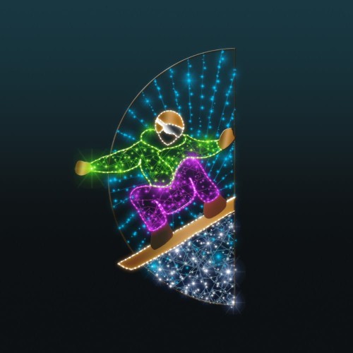 Dekoracja LED 2D przedstawiająca snowboardzistę w locie na tle niebieskich promieni światła, wykonana z kolorowych diod LED i metalowych zdobień,