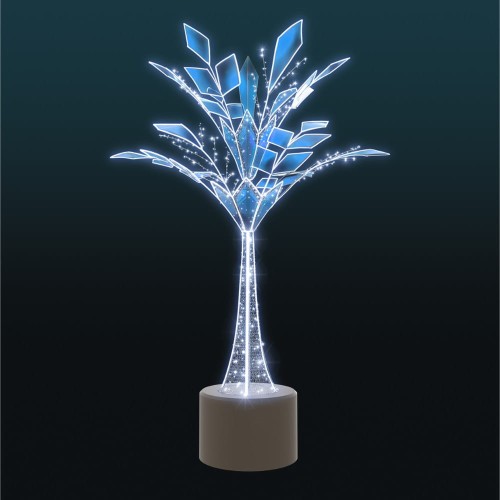 Lodowe Drzewo 3D z podświetleniem LED i dekoracyjną koroną w chłodnych odcieniach niebieskiego, osadzone na stabilnej betonowej podstawie.