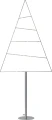 Minimalistyczna choinka LED w formie trójkątnej ramy z poziomymi liniami światła, umieszczona na smukłym metalowym stojaku na białym tle.