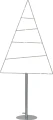 Minimalistyczna choinka LED w formie trójkątnej ramy z poziomymi liniami światła, umieszczona na smukłym metalowym stojaku na białym tle.