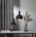 Dwie żarówki LED E27 typu globe z czarnym gradientem, ciepły filament dekoracyjny, aranżacja z wazonem z suszonymi trawami na stoliku.