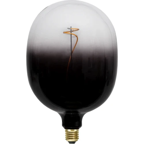 Żarówka LED E27 typu globe z przydymionym szkłem i dekoracyjnym filamentem spiralnym, czarny gradient, ujęcie produktowe na białym tle.