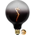Żarówka LED E27 typu globe z przydymionym szkłem i spiralnym filamentem, czarny gradient, oznaczenie dimmer compatible, ujęcie produktowe na białym tle.