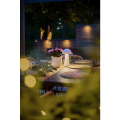 Akumulatorowa lampa LED MUSHROOM ustawiona na stoliku podczas wieczornego spotkania w ogrodzie, nastrojowe oświetlenie plenerowe.