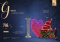 Infografika dekoracji świetlnej LED „Gnom I Love You” z sercem i napisem, pokazująca proporcje konstrukcji, dwustronne oświetlenie LED neon oraz formę z igliwia na stelażu.