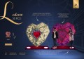 Infografika przedstawiająca lodowe serce 3D LED z dwustronnym oświetleniem liniowym neon, półprzezroczystym wypełnieniem i aluminiową konstrukcją. Widoczne wymiary dekoracji oraz zastosowanie jako fotopunkt miejski.