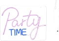 Neon LED Party Time w różowym i niebieskim kolorze, zamocowany na przezroczystej płycie z widocznym przewodem USB po prawej stronie, zaprezentowany na białym tle.
