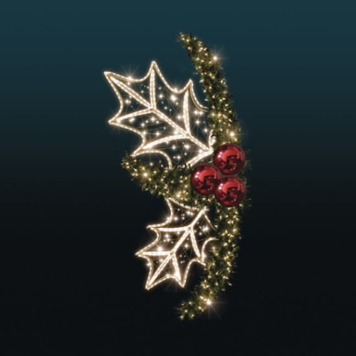 Dekoracja świąteczna LED w kształcie ostrokrzewu z jasnymi liśćmi i czerwonymi bombkami, z efektem migoczącego światła.