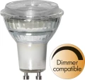 Żarówka LED GU10 Spotlight Glass z oznaczeniem dimmer compatible, szklany reflektor.