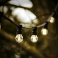 Girlanda ogrodowa zawieszona na tle drzew, wyposażona w żarówki LED G45 o mocy 2W z serii Clear Filament. Żarówki emitują ciepłe światło o barwie 2700K i zamontowane są w czarnych oprawkach, na czarnym kablu.
