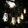 Girlanda ogrodowa z żarówkami ST64 3,2W 2100K z serii Decoled Amber w bursztynowym szkle, zawieszona na czarnym przewodzie wśród gałęzi. Żarówki emitują ciepłe światło i mają spiralny żarnik LED.