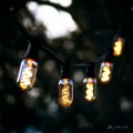 Girlanda ogrodowa zawieszona na tle rozmytego drzewa, z podłużnymi żarówkami LED T45 2,8W 2200K Decoled Amber, emitującymi ciepłe światło. Żarówki w bursztynowym szkle zamontowane w czarnych oprawkach