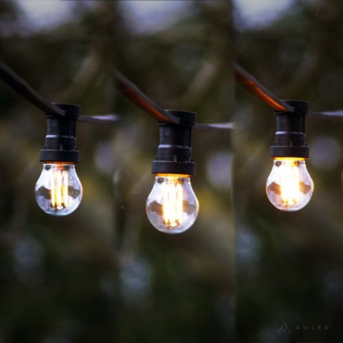 Girlanda ogrodowa z żarówkami LED G45 4W 2100K z 3-stopniowym ściemnianiem, zawieszona na tle rozmytych drzew. Trzy żarówki w przezroczystych bańkach świecą z różnym natężeniem ciepłego światła.