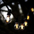 Girlanda ogrodowa z żarówkami LED A60 6,5W 2100K z 3-stopniową regulacją mocy, zawieszona na tle drzew. Żarówki w przezroczystych bańkach świecą ciepłym, intensywnym światłem, osadzone w czarnych oprawkach.