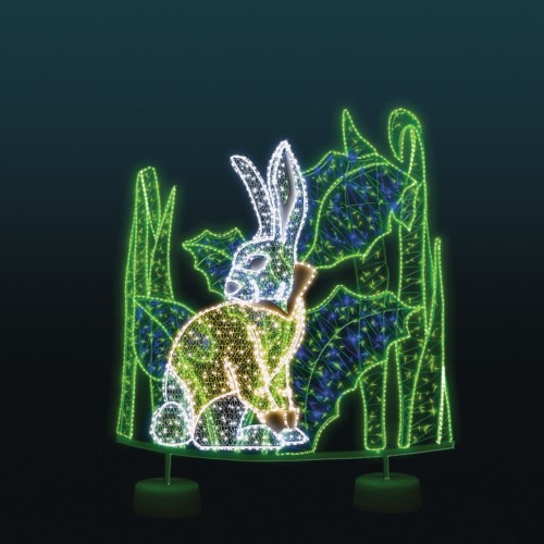 Dekoracja świetlna LED z zającem na ciemnym tle, nowoczesny fotopunkt z podświetlanymi elementami natury i liniowym oświetleniem, przeznaczony do parków, przestrzeni miejskich i instalacji plenerowych.