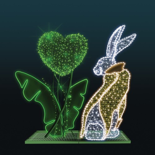Dekoracyjna iluminacja plenerowa z zającem i sercem na liściach, nowoczesne liniowe oświetlenie LED neon, intensywny efekt świetlny, idealna instalacja do zdjęć, wydarzeń miejskich i aranżacji przestrzeni publicznej.