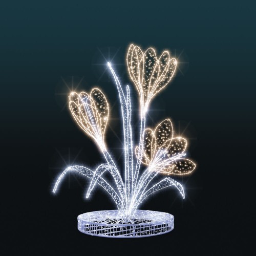 Dekoracja świetlna LED w kształcie krokusów na ciemnym tle, nowoczesna instalacja kwiatowa z liniowym oświetleniem i efektem świetlnych punktów, przeznaczona do przestrzeni miejskich, parków i ekspozycji plenerowych.